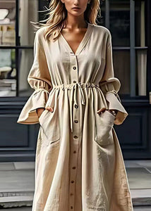 Italian Beige V Neck Drawstring Cotton Long Dress Flare Sleeve