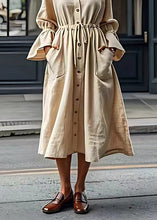 Load image into Gallery viewer, Italian Beige V Neck Drawstring Cotton Long Dress Flare Sleeve