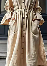 Load image into Gallery viewer, Italian Beige V Neck Drawstring Cotton Long Dress Flare Sleeve