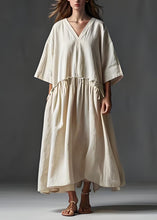 Load image into Gallery viewer, Italian Beige V Neck Wrinkled Patchwork Linen Long Dress Summer