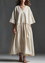 Load image into Gallery viewer, Italian Beige V Neck Wrinkled Patchwork Linen Long Dress Summer