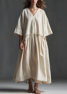 Italian Beige V Neck Wrinkled Patchwork Linen Long Dress Summer