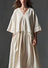 Load image into Gallery viewer, Italian Beige V Neck Wrinkled Patchwork Linen Long Dress Summer