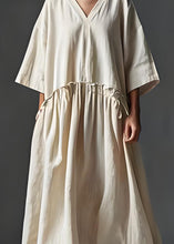 Load image into Gallery viewer, Italian Beige V Neck Wrinkled Patchwork Linen Long Dress Summer