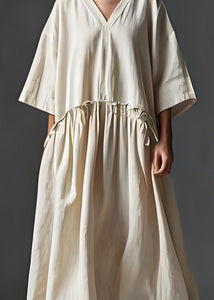 Italian Beige V Neck Wrinkled Patchwork Linen Long Dress Summer