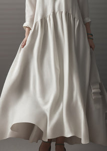 Italian Beige V Neck Wrinkled Patchwork Silk Long Dresses Summer