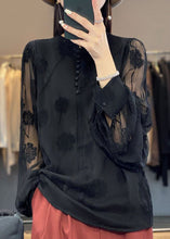 Load image into Gallery viewer, Italian Black Embroidered Button Chiffon Shirt Long Sleeve