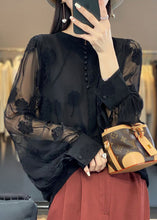 Load image into Gallery viewer, Italian Black Embroidered Button Chiffon Shirt Long Sleeve