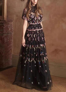 Italian Black Embroidered Wrinkled Patchwork Tulle Maxi Dresses Summer