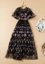 Load image into Gallery viewer, Italian Black Embroidered Wrinkled Patchwork Tulle Maxi Dresses Summer