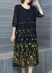 Italian Black Embroidered Wrinkled Patchwork Chiffon Dresses Summer