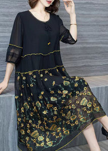 Italian Black Embroidered Wrinkled Patchwork Chiffon Dresses Summer