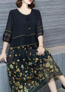 Italian Black Embroidered Wrinkled Patchwork Chiffon Dresses Summer