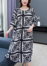 Load image into Gallery viewer, Italian Black O Neck Plaid Patchwork Chiffon Dress Half Sleeve