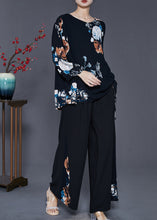 Load image into Gallery viewer, Italian Black Oversized Print Draping Chiffon Two Pieces Set Spring