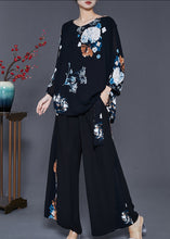 Load image into Gallery viewer, Italian Black Oversized Print Draping Chiffon Two Pieces Set Spring