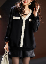 Load image into Gallery viewer, Italian Black V Neck Lace Patchwork Chiffon Tops Spring