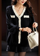 Load image into Gallery viewer, Italian Black V Neck Lace Patchwork Chiffon Tops Spring