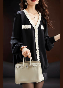 Italian Black V Neck Lace Patchwork Chiffon Tops Spring