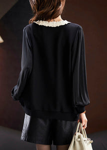 Italian Black V Neck Lace Patchwork Chiffon Tops Spring