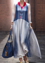 Load image into Gallery viewer, Italian Blue Button Patchwork Silk Maxi Dresses Long Sleeve