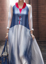 Load image into Gallery viewer, Italian Blue Button Patchwork Silk Maxi Dresses Long Sleeve