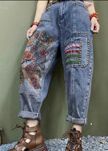 Load image into Gallery viewer, Italian Blue Embroidered Zircon Nail Bead Denim Pants Spring