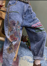 Load image into Gallery viewer, Italian Blue Embroidered Zircon Nail Bead Denim Pants Spring