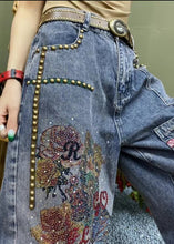 Load image into Gallery viewer, Italian Blue Embroidered Zircon Nail Bead Denim Pants Spring