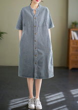 Load image into Gallery viewer, Italian Blue Grey Stand Collar Striped Denim Shirt Dress Summer