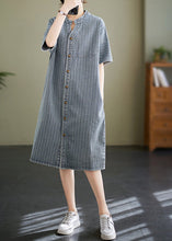 Load image into Gallery viewer, Italian Blue Grey Stand Collar Striped Denim Shirt Dress Summer