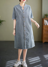 Load image into Gallery viewer, Italian Blue Grey Stand Collar Striped Denim Shirt Dress Summer