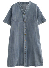 Load image into Gallery viewer, Italian Blue Grey Stand Collar Striped Denim Shirt Dress Summer