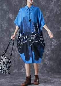 Italian Blue Inkwash Painting Cotton Shirt Dress Summer