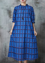 Load image into Gallery viewer, Italian Blue Stand Collar Plaid Cotton Vacation Dresses Summer