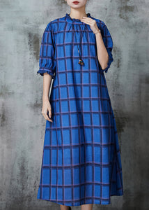 Italian Blue Stand Collar Plaid Cotton Vacation Dresses Summer