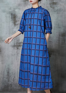 Italian Blue Stand Collar Plaid Cotton Vacation Dresses Summer