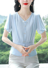 Load image into Gallery viewer, Italian Blue V Neck Button Chiffon Blouses Summer