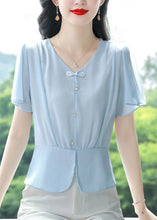 Load image into Gallery viewer, Italian Blue V Neck Button Chiffon Blouses Summer