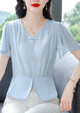 Load image into Gallery viewer, Italian Blue V Neck Button Chiffon Blouses Summer