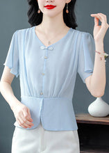 Load image into Gallery viewer, Italian Blue V Neck Button Chiffon Blouses Summer