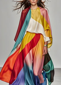 Italian Colorblock Tops And Pants Silk Two Piece Suit Set Summer