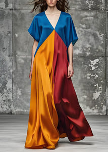 Italian Colorblock V Neck Loose Silk Long Dress Summer