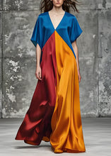 Load image into Gallery viewer, Italian Colorblock V Neck Loose Silk Long Dress Summer