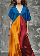 Load image into Gallery viewer, Italian Colorblock V Neck Loose Silk Long Dress Summer