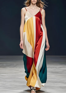 Italian Colorblock V Neck Silk Spaghetti Strap Dresses Sleeveless