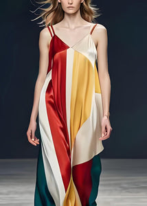 Italian Colorblock V Neck Silk Spaghetti Strap Dresses Sleeveless