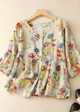 Load image into Gallery viewer, Italian Floral Wrinkled Button Patchwork Linen T Shirts Summer