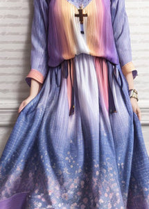 Italian Gradient Color Cold Shoulder Print Patchwork Silk Long Dresses Summer