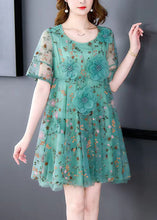 Load image into Gallery viewer, Italian Green O Neck Embroidered Tulle Mid Dress Summer